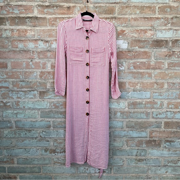 Zara Shirt Dress Red White Striped Linen Blend Midi Button Front Shirtdress - Picture 6 of 14